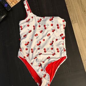 ROMWE Red and White Cherry Print One Piece Swimsuit